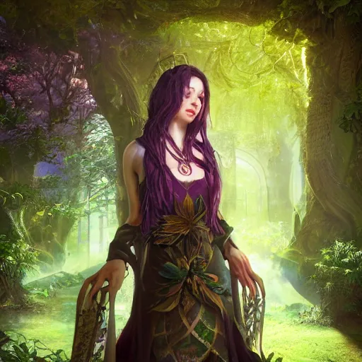 Image similar to Beautiful art portrait of a female fantasy sorceress in a dark mystical fantasy temple surrounded by lush spring time forest ,masterpiece, trending on artstation unreal 5, DAZ, hyperrealistic, octane render, dungeons and dragons, dynamic lighting