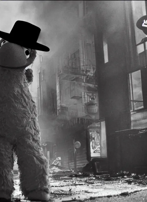 Image similar to elmo is looking around at all the damage he's caused. a sesame street noir scene. fires burn.