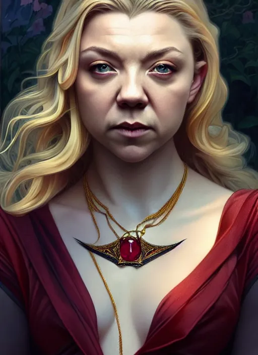 Prompt: portrait of natalie dormer with blonde hair as a vampire lord, jewelry, greek, ruby, intricate, headshot, highly detailed, digital painting, artstation, concept art, sharp focus, cinematic lighting, illustration, art by artgerm and greg rutkowski, alphonse mucha, cgsociety