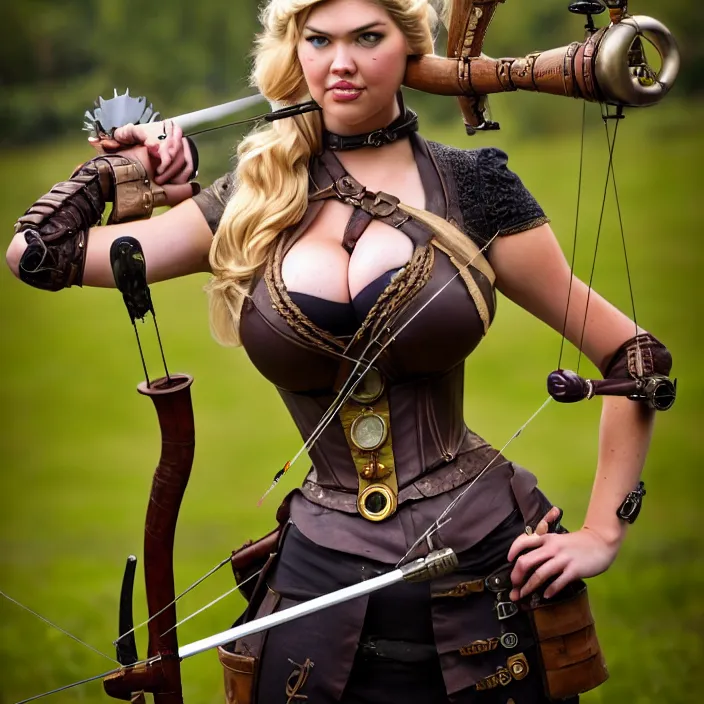 Prompt: full length photograph of a real-life kate upton as a steampunk archer, Extremely detailed. 8k
