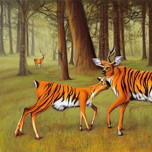 Prompt: a painting of deer and tiger facing each other, their heads bowed towards ground by esao andrews