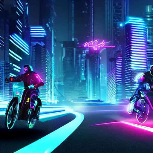 Prompt: cyberpunk, synthwave, cubo - futurism, darksynth, synthwave, retrowave, highly detailed digital art of a tron cyberbike race