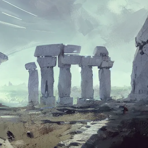 Image similar to concept art by ismail inceoglu of a small, white marble cliff in a meditereanian landscape, with stone henge on top