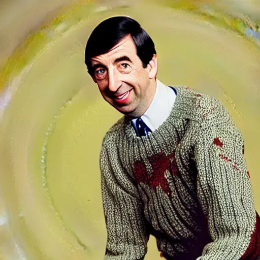 Image similar to mister rodgers in a bloodstained sweater