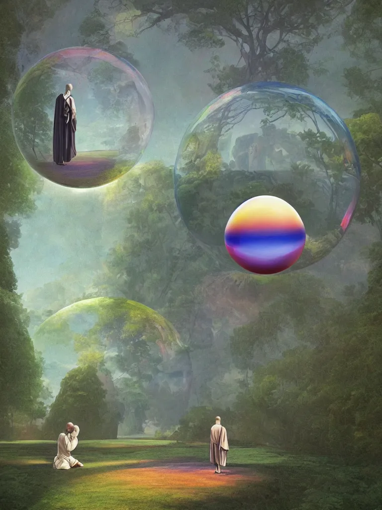 Prompt: neurograph, very very beautiful landscape, an echo a rainbow and a dream, monks praying in a temple forest through a spherical lens, surrealism, intricate, elegant, highly detailed, digital painting, trending on artstation, concept art, sharp focus, by rene magritte, moebius