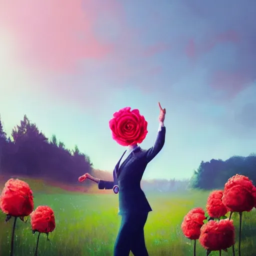 Image similar to portrait, giant rose flower head, girl dancing in a suit, surreal photography, sunrise, blue sky, dramatic light, impressionist painting, digital painting, artstation, simon stalenhag