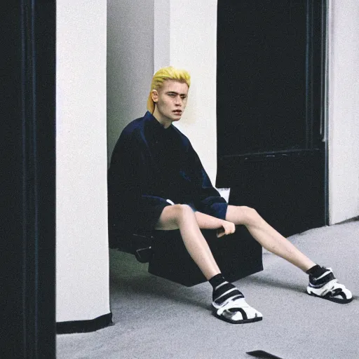 Image similar to realistic photoshooting for a new balenciaga lookbook, color film photography, portrait of a blonde european model, in style of tyler mitchell, 3 5 mm,