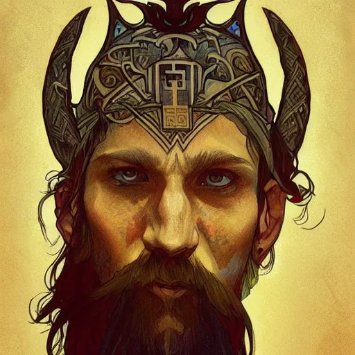 Image similar to portrait of tattooed Slavic Viking priest by Anato Finnstark, Alphonse Mucha, and Greg Rutkowski