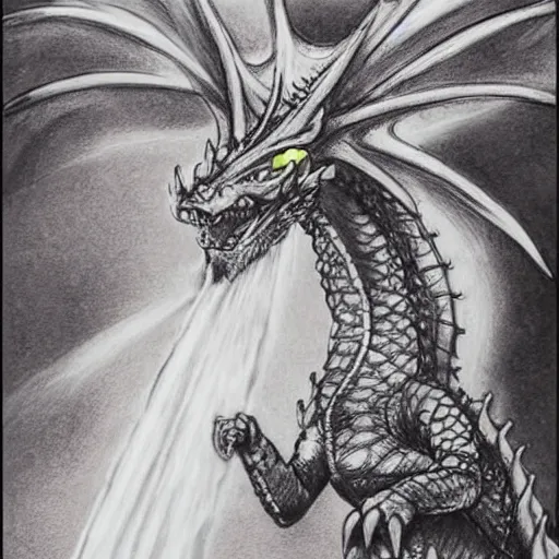 Image similar to firefighters using water against a fire - breathing dragon, pencil art, fire, colorful