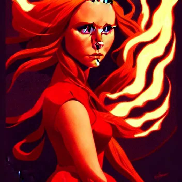 Image similar to style artgerm, joshua middleton, beautiful kristen bell with dark red dress, very long orange hair, symmetrical face, symmetrical eyes, fire powers fire swirling, detailed, volcano setting, cinematic lighting