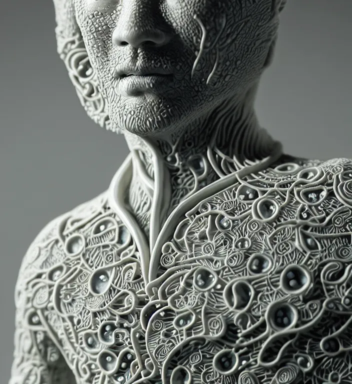 Prompt: Sting , A Close up photo-real delicate ceramic porcelain sculpture of a symmetrical ornate detailed in front of an intricate background by Victo Ngai and takato yamamoto, micro detail, backlit lighting, face in focus, subsurface scattering, translucent, thin porcelain, octane renderer, colorful, physically based rendering, japanese pottery, trending on cgsociety