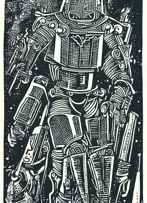 Prompt: warrior robots by Samuel Jessurun de Mesquita, linocut print