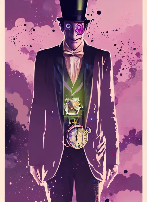 Image similar to arrogant elegant man travels through time via steampunk portals, pixiv fanbox, dramatic lighting, maximalist pastel color palette, splatter paint, pixar and disney exploded - view drawing, graphic novel by fiona staples and dustin nguyen, peter elson, alan bean, wangechi mutu, clean cel shaded vector art, trending on artstation