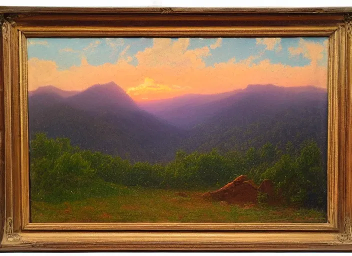 Image similar to Oil painting of the blue ridge mountains at sunset in the style of Albert Bierstadt