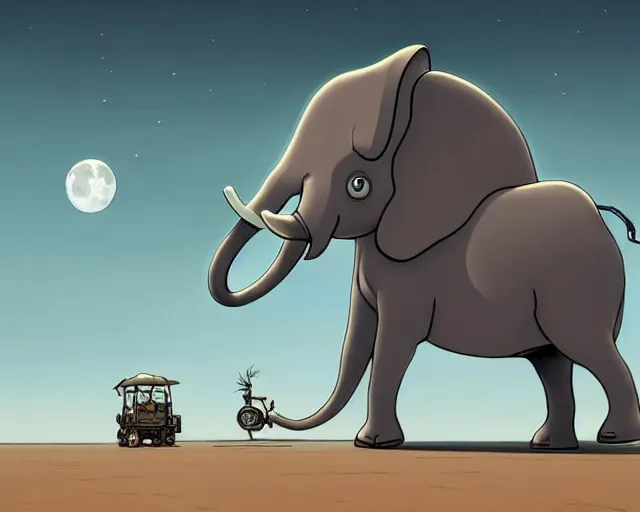 Image similar to a cell shaded cartoon tiny grey lovecraftian mechanized elephant from howl's moving castle ( 2 0 0 4 ), with a big head, on a desert road, wide shot, in front of a big moon, muted colors, post grunge, josan gonzales, wlop, by james jean, victor ngai, hq, deviantart, art by artgem