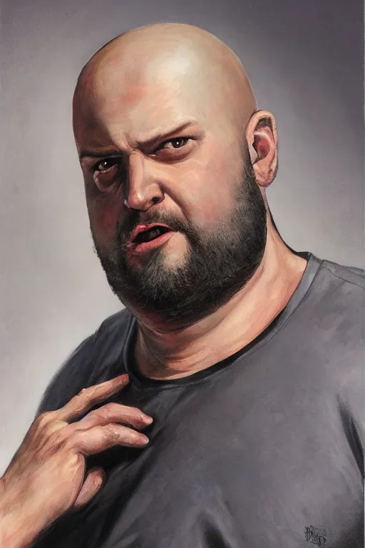 Image similar to chonky ethan van sciver with a bald head, grey trimmed beard, pointed nose, ethan van sciver, striking hyper real painting, comic book style portrait painting, greg rutkowski, wlop, charlie bowater