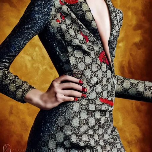 Prompt: hyper realistic beautiful fashion portrait of a woman super model, wearing a detailed gucci dress