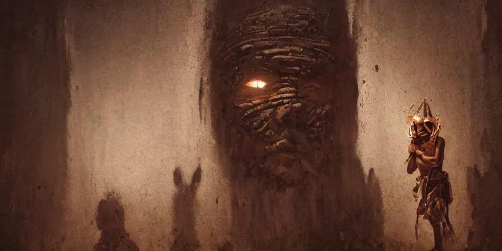 Prompt: masterpiece portrait painting of a native incan man covered in mud wearing a wooden mask, in a darken incan dungeon decorated hall, torchlight, by greg rutkowski and noah bradley, trending on artstation