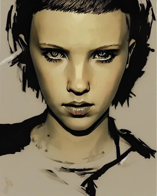 Image similar to portrait of millie bobby brown by yoji shinkawa, dark lighting