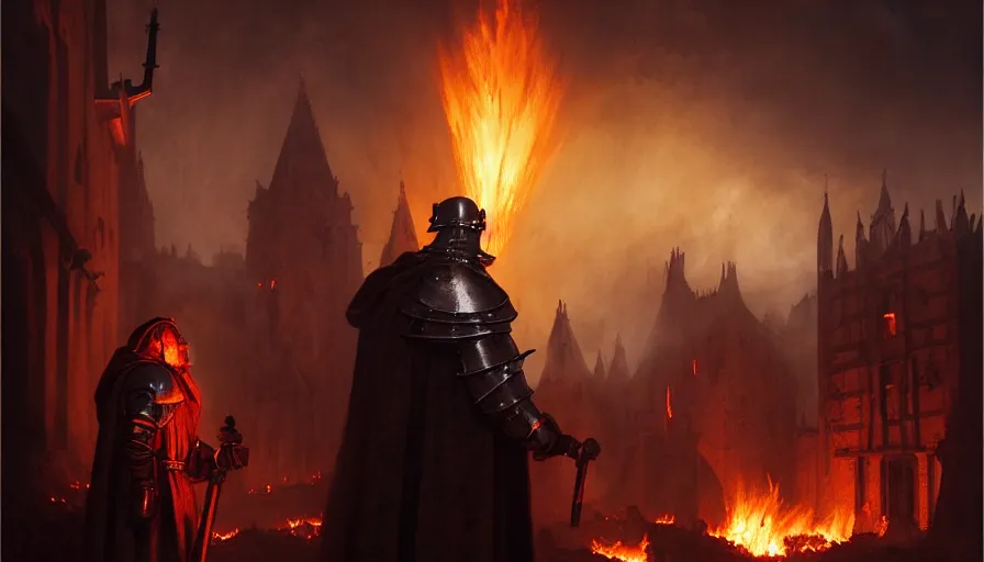 Prompt: a great inquisitor with a torch in his hands, behind which is a village burning with fire, the middle ages, fine details, blood, digital art, volumetric lighting, cinematic light, photorealistic, by greg rutkowski, by marc simonetti, by giger, by caravaggio, perfect faces, fine details, dark souls, 4 k,