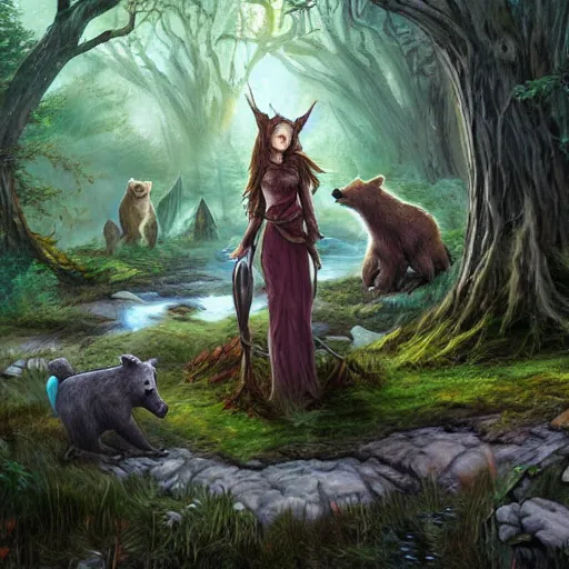 Image similar to elven druid summoning bears in the forest, d & d inspired, trending on artstation, ultra fine detailed, hyper detailed, hd, concept art, digital painting