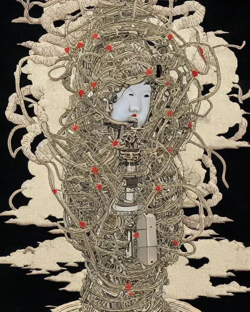 Image similar to Hokusai portrait of a robot saint made of cables and robotic pod by James Jean