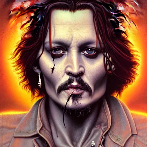 Prompt: photorealistic johnny depp as god in the style of michael whelan and gustave dore. hyperdetailed photorealism, 1 0 8 megapixels, amazing depth, glowing rich colors, powerful imagery, psychedelic overtones, 3 d finalrender, 3 d shading, cinematic lighting, artstation concept art