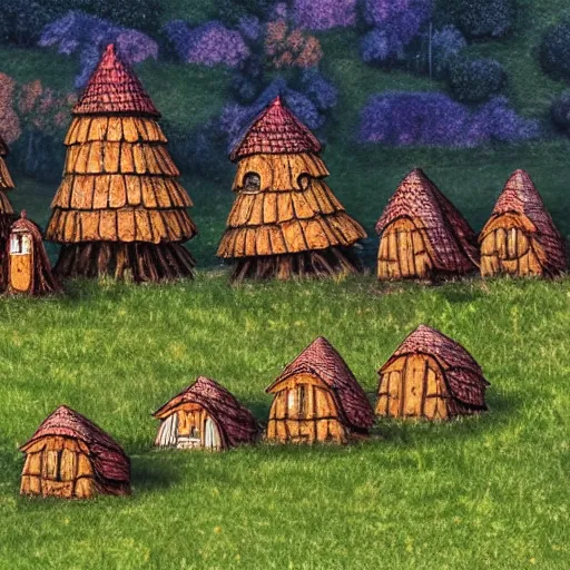 Prompt: A herd of baba yaga houses grazing in a field