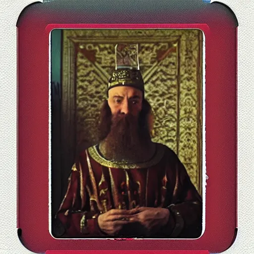 Image similar to Ivan the Terrible in his palace in Moscow and working on a MacBook Pro, high detail, Polaroid , old photo width 768