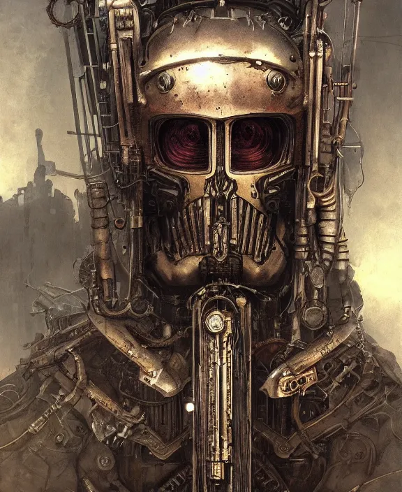 Image similar to portrait of a steampunk doomslayer by hr giger and beksinski and stephan martiniere, trending on artstation, 4 k resolution, detailed, high quality, hq artwork