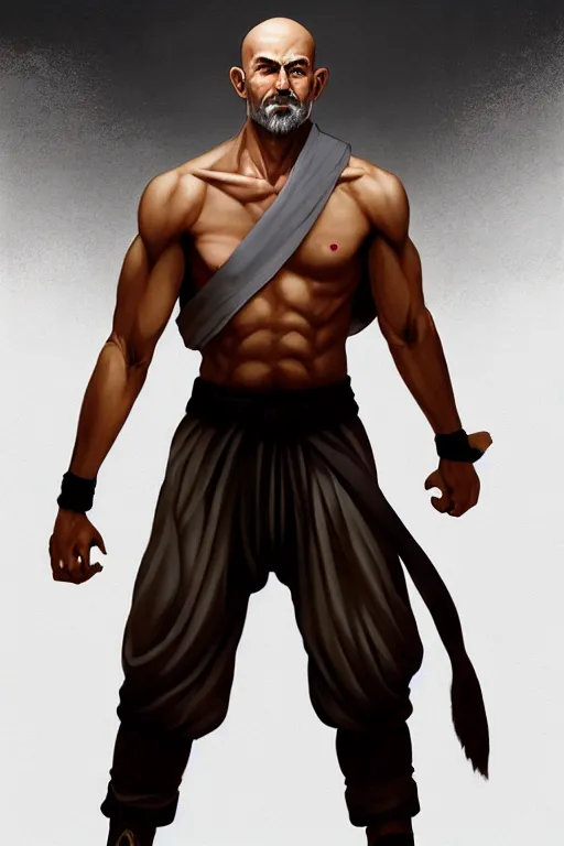 Prompt: Full body Picture of a male monk, fighter, exposed torso, bandage on arms, muscles, baggy black pants, symmetry, equal lenght arms, white skin, bald, white long beard, brown eyes, detailed face, combat stance, handsome, D&D, by artgerm and Craig Mullins, James Jean, Andrey Ryabovichev, Mark Simonetti and Peter Morbacher, matte painting, trending on artstation, artstationHD, artstationHQ, octane, full HD, 16K