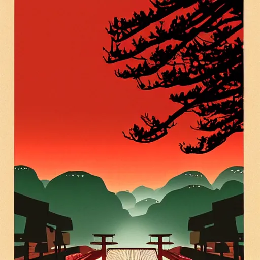 Image similar to a japanese landscape filled with torii arches, dawn, by david aja