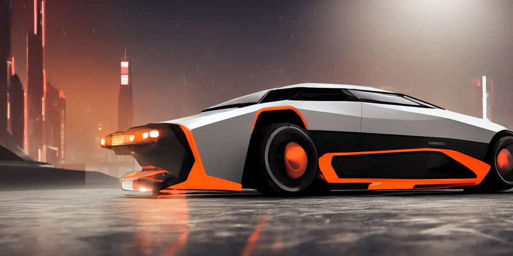 Prompt: a design of a futuristic DMC Delorian, designed by Polestar, blade runner background, back view, emerald car paint with bright orange accent detailing, black windows, sportscar, black show room, dramatic lighting, octane rendering, unreal engine rendering, hyper realistic render, depth of field, octane rendering
