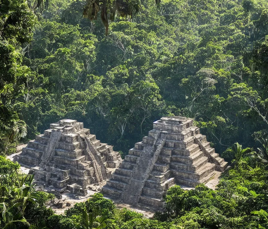 Prompt: a spectacular imax view of the beautiful ruins of a mayan temple in the jungle forest of yucatan, art by federico pelat and greg rutkowski and james gurney, hyperrealism