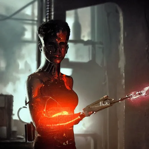 Image similar to augmented human repairing weapon made from old egg beater, dark messy smoke - filled cluttered workshop, dark, dramatic lighting, orange tint, cinematic, highly detailed, sci - fi, futuristic, movie still from blade runner