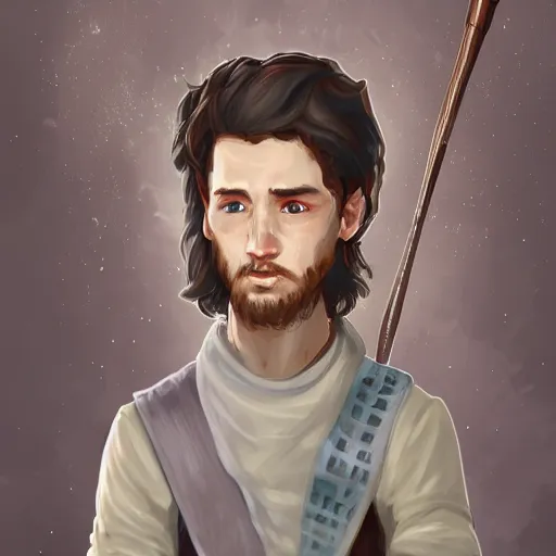 Prompt: a young, well-to-do wizard whose fine attire is damaged from crawling through filth. portrait, shaggy haircut, 8k resolution, full-length portrait, digital painting, fantasy illustration, D&D character art