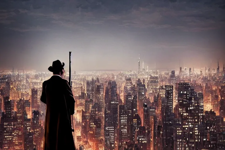 Image similar to stunningly mysterious, sniper wearing a trench coat on a perch facing the city at night, smooth, focus, highly detailed, hyper realistic, dramatic lighting, intricate, concept art, new york skyline, looking down, art by wlop, mars ravelo, greg rutowski, artstation