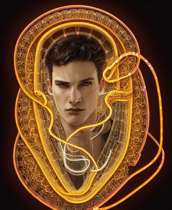 Image similar to intricate opulent transparent clear see - through portrait of handsome masculine snake, fractal, neon lights, circuitry, industrial environment, ultra realistic, concept art, art nouveau, photorealistic, octane render, 8 k, unreal engine. art by nori inoguchi and sam kaplan and zachary goulko and christopher marley and artgerm and alphonse mucha