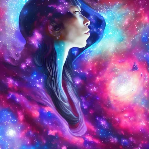 Prompt: lady gaga, galaxies and nebula flowing out of his body, artgerm, psychedelic floral planets, studio ghibli painterly style, trending on artstation