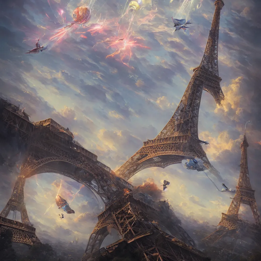 Image similar to tictac ufo crashing on the eiffel tower, hyper-realistic, Peter Mohrbacher Takayuki Takeya , dramatic cinematic lighting rendered by octane, 8k, photograph