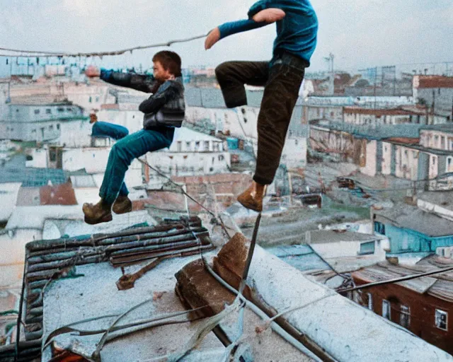 Image similar to lomo photo of roofjumpers climbing on roof of soviet hrushevka, small town, cinestill, bokeh, out of focus