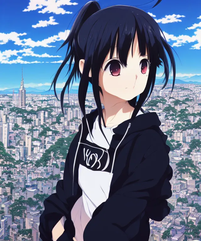 Image similar to anime visual, portrait of a young black haired girl wearing hoodie sightseeing above the city, guardrail, cute face by yoh yoshinari, katsura masakazu, dramatic lighting, dynamic pose, dynamic perspective, strong silhouette, ilya kuvshinov, anime cels, 1 8 mm lens, fstop of 8, rounded eyes, moody, detailed facial features