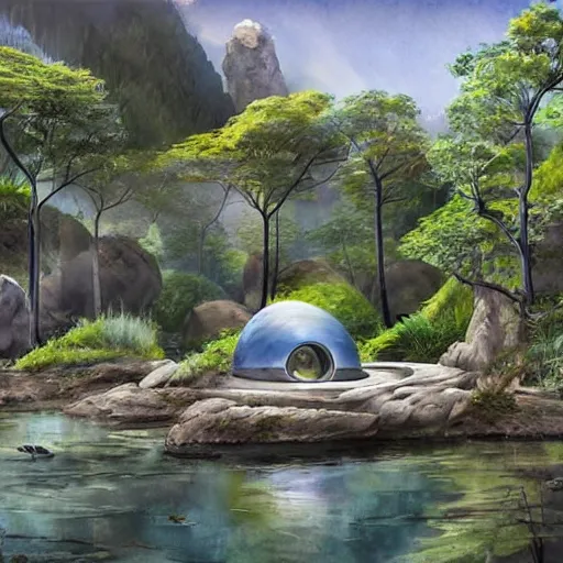 Image similar to beautiful happy picturesque charming sci - fi organic pod - like homes of the future in a beautiful natural scene. water, trees and rocks. beautiful light. soft colour scheme. beautiful artistic detailed watercolor by lurid. ( 2 0 2 2 )