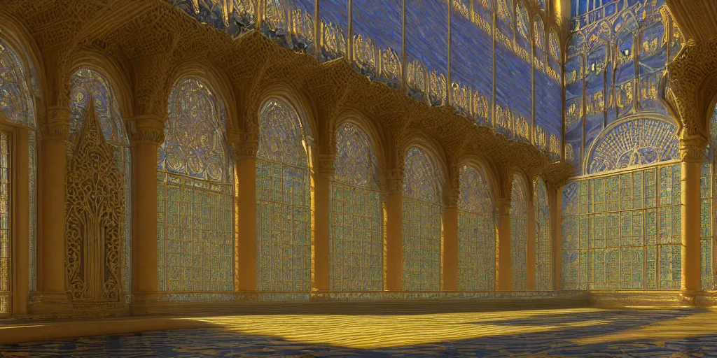 Prompt: beautiful hyper detailed render of a huge divine kingdom palace, symmetric, dazzling light beam penetrated through the window, the style of louis comfort tiffany, pascal blanche, andreas rocha, paul pepera, raphael lacoste, scene render, perfect shadow, exquisite, gradient, fine structure texture, unreal engines, atmospheric lighting, 4 k hd