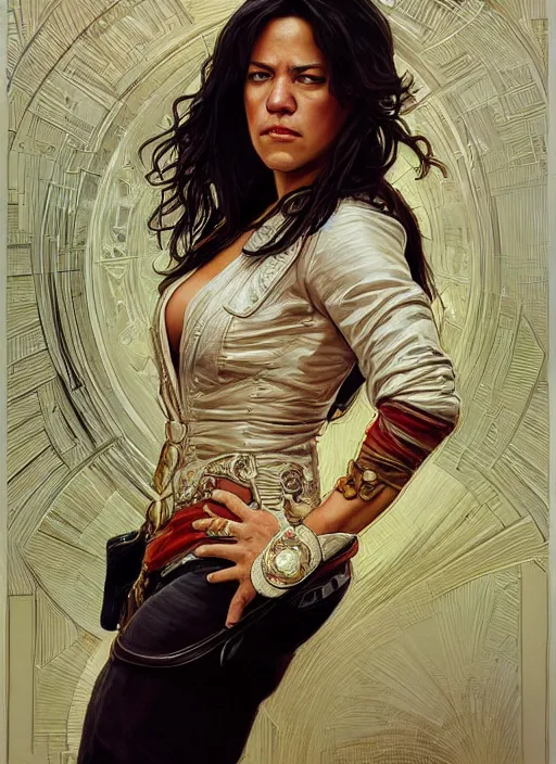 Image similar to Michelle Rodriguez as feisty latino woman wearing coat, portrait, intricate, elegant, highly detailed, centered, digital painting, artstation, concept art, smooth, sharp focus, illustration, art by artgerm and donato giancola and alphonse mucha