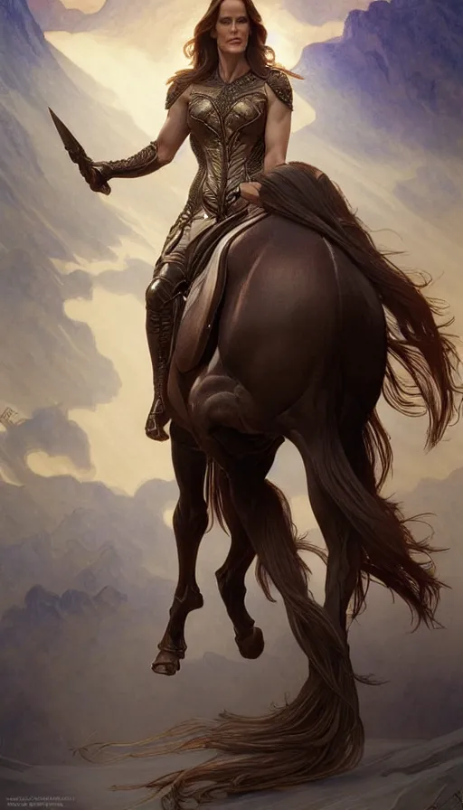 Image similar to jennifer garner as a horse, intricate elegant, highly detailed, digital painting, artstation, concept art, smooth, sharp focus, illustration, art by ( ( ( artgerm ) ) ) and greg rutkowski! and ( ( alphonse mucha ) ), heavily influenced by frank frazetta and boris vallejo, sword and sorcery