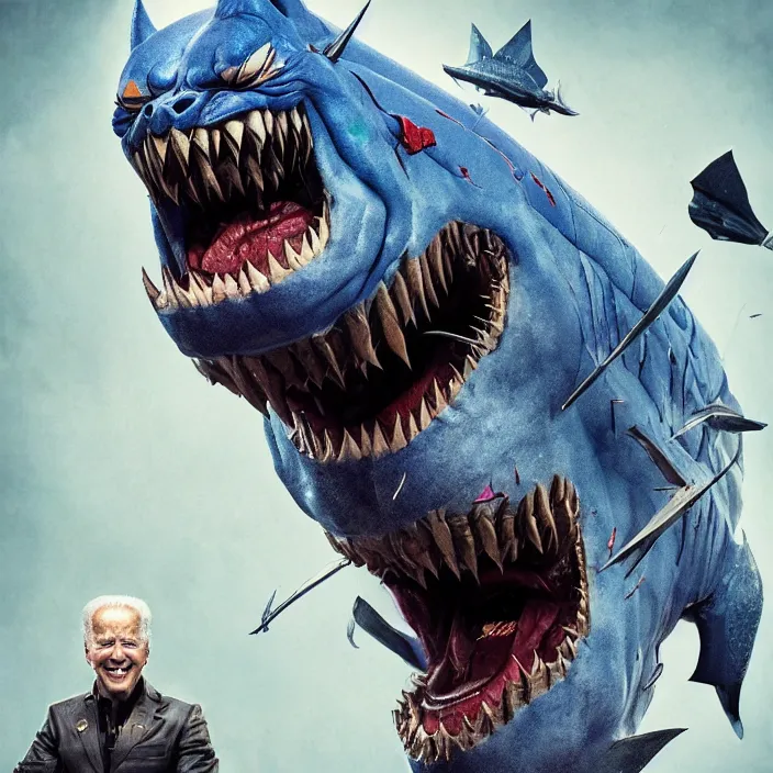 Prompt: portrait of joe biden as a king shark in suicide squad. intricate abstract. intricate artwork. by tooth wu, wlop, beeple, dan mumford. octane render, trending on artstation, greg rutkowski very coherent symmetrical artwork. cinematic, hyper realism, high detail, octane render, 8 k, iridescent accents