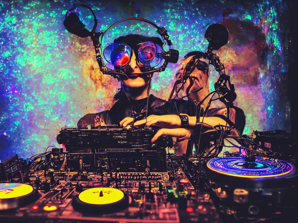 Image similar to a person wearing goggles and visor and headphones using a steampunk record player contraption, wires and tubes, turntablism dj scratching, intricate planetary gears, cinematic, imax, sharp focus, leds, bokeh, iridescent, black light, fog machine, hazy, lasers, hyper color digital art, cyberpunk