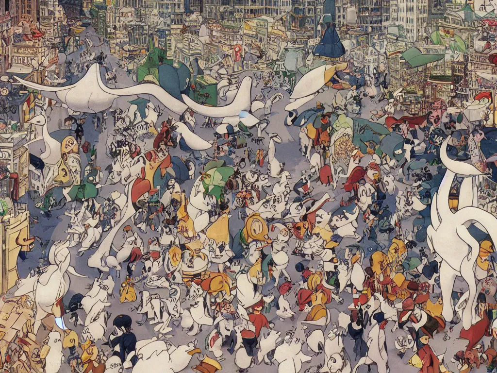 Image similar to a big lugia pokemon walking among people in open door market, detailed, high quality, high resolution, color illustration by Winsor McCay little nemo