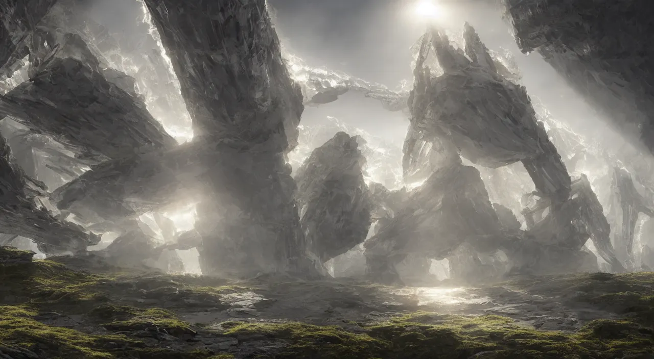 Prompt: a cellular tectonic biological crystallographic bridging megastructure architecture, by glenn small, by albert bierstadt, by sparth, photorealistic, zaha hadid, god rays, volumetric lighting, detailed, extremely intricate, raytrace, octane, light fog, keyshot